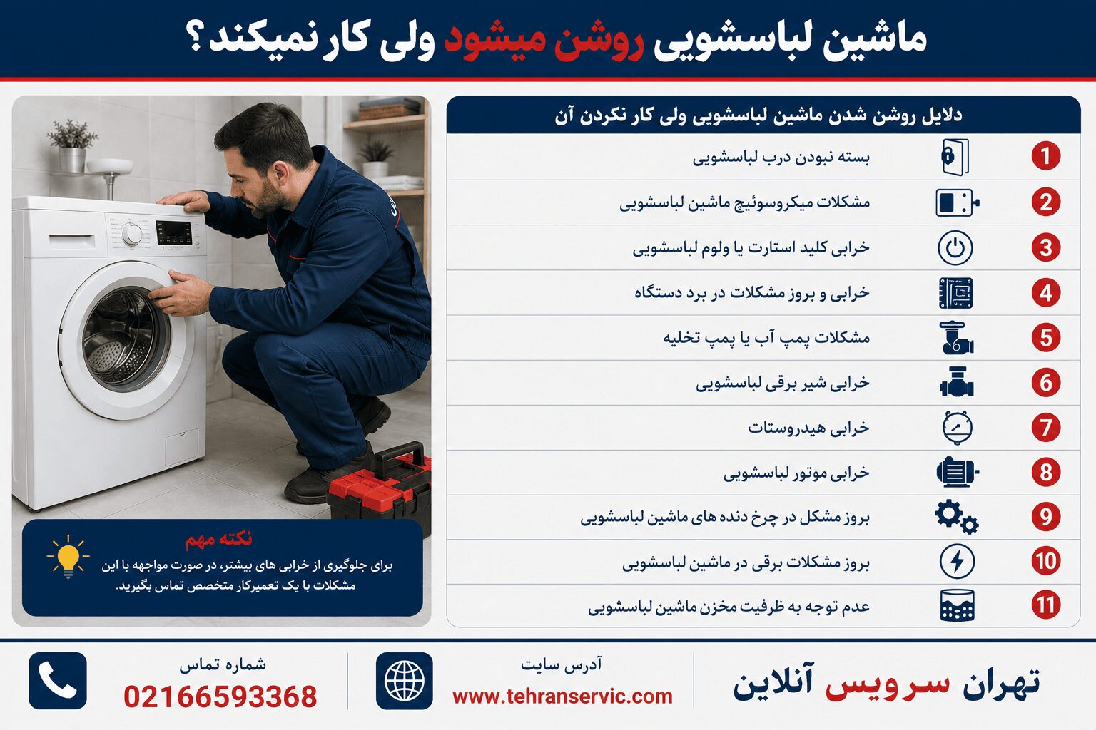 ماشین لباسشویی روشن میشه ولی کار نمیکنه
